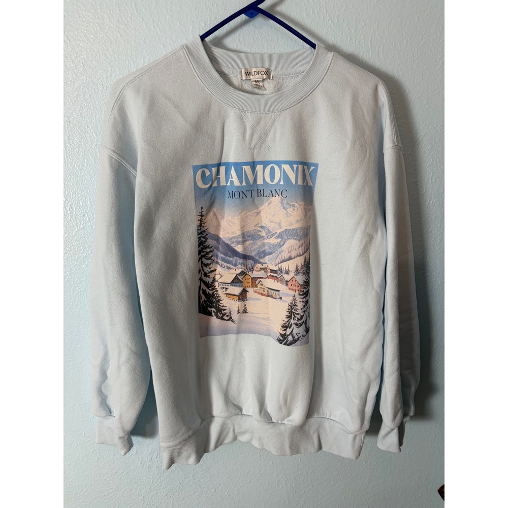 Wildfox Chamonix Mont Blanc Graphic Sweatshirt Light Blue M Apres Ski Alpine